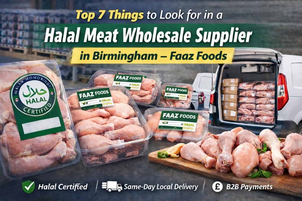 Halal chicken wholesale supplier in Birmingham showing fresh packaged chicken breast and drumsticks with bulk delivery service by Faaz Foods UK