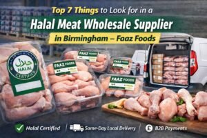 Halal chicken wholesale supplier in Birmingham showing fresh packaged chicken breast and drumsticks with bulk delivery service by Faaz Foods UK