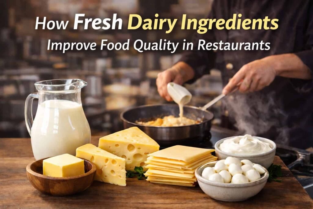 Fresh dairy ingredients including milk, butter, cheese and cream used in a restaurant kitchen to improve food quality