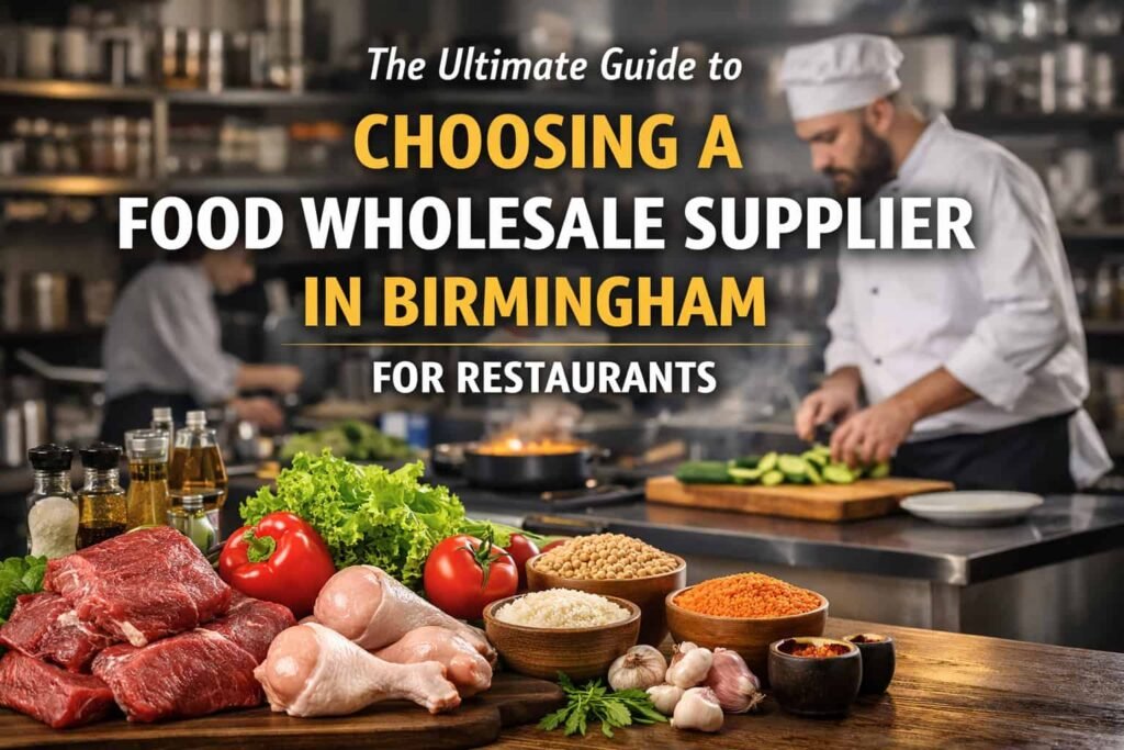 Chef preparing food in a professional restaurant kitchen with fresh meat, vegetables, rice, lentils, and spices on a table, representing a guide to choosing a food wholesale supplier in Birmingham for restaurants.