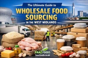 Wholesale food warehouse with bulk rice, fresh chicken, dairy products, and takeaway packaging for restaurants in the West Midlands supplied by Faaz Foods