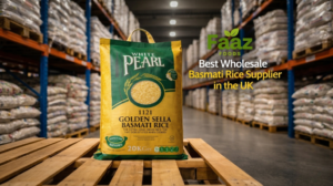White Pearl Golden Sella Basmati Rice 20KG bag in warehouse with Faaz Foods logo – UK wholesale rice supplier