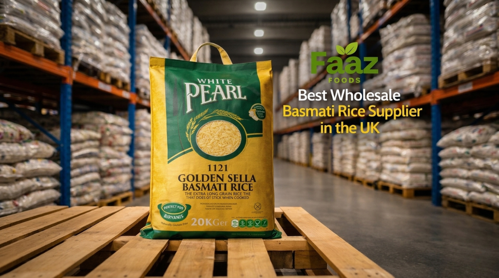 White Pearl Golden Sella Basmati Rice 20KG bag in warehouse with Faaz Foods logo – UK wholesale rice supplier
