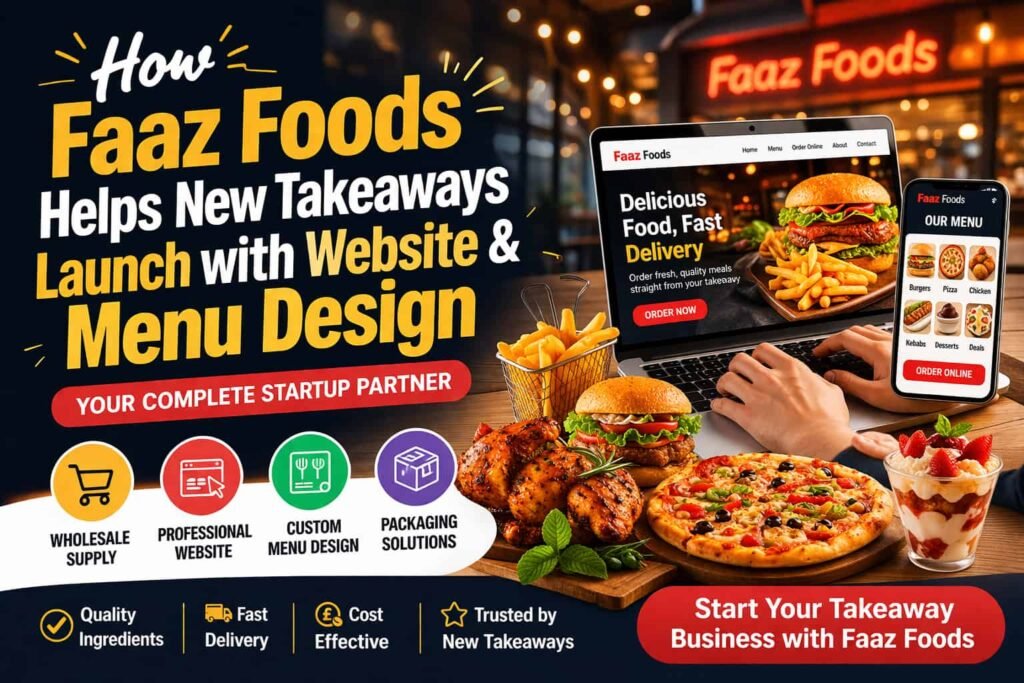 Laptop and mobile showing online takeaway ordering website with food items like burger, pizza and fries, highlighting complete startup solutions including menu design, wholesale supply and fast delivery services.