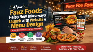 Laptop and mobile showing online takeaway ordering website with food items like burger, pizza and fries, highlighting complete startup solutions including menu design, wholesale supply and fast delivery services.