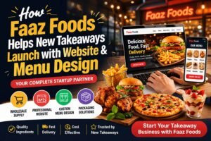 Laptop and mobile showing online takeaway ordering website with food items like burger, pizza and fries, highlighting complete startup solutions including menu design, wholesale supply and fast delivery services.