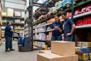 A large warehouse aisle filled with shelves of bulk food products, including packaged snacks, grains, and supplies organized for wholesale distribution.