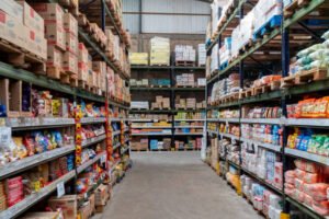A large warehouse aisle filled with shelves of bulk food products, including packaged snacks, grains, and supplies organized for wholesale distribution.
