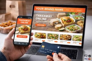 Customer using smartphone and laptop to order takeaway food online with secure card payment, showcasing mobile-friendly website with burger, salad and fast food menu options.