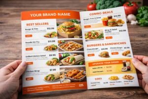 Hands holding a professionally designed takeaway menu featuring best sellers, combo deals, burgers, and upsell options to increase order value with clear layout and food images.