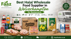 Wholesale Food Supplier in Wolverhampton. Promotional banner for Faaz Foods featuring halal wholesale products including soft drinks, chicken thighs, Americana seeded burger buns, White Pearl rapeseed oil, basmati rice, paper products, and garlic paste displayed on a wooden counter with a warehouse background and delivery van. The design highlights bulk savings, halal quality guarantee, and UK-wide delivery services.