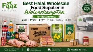 Wholesale Food Supplier in Wolverhampton. Promotional banner for Faaz Foods featuring halal wholesale products including soft drinks, chicken thighs, Americana seeded burger buns, White Pearl rapeseed oil, basmati rice, paper products, and garlic paste displayed on a wooden counter with a warehouse background and delivery van. The design highlights bulk savings, halal quality guarantee, and UK-wide delivery services.