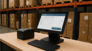 Modern warehouse desk setup with a POS inventory management screen, barcode printer, and keyboard in front of shelves stacked with cardboard storage boxes.