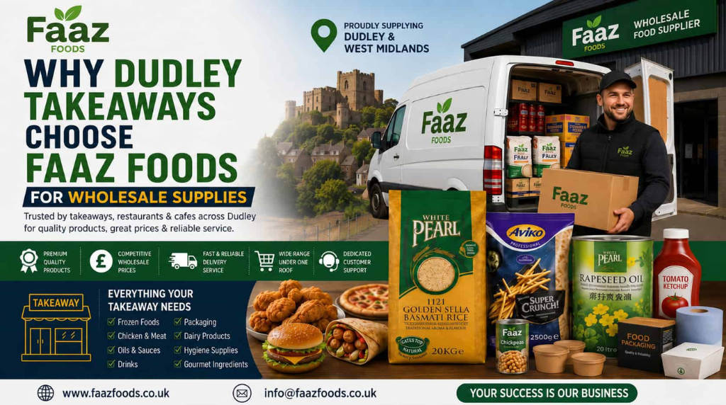 Faaz Foods wholesale delivery van parked outside a warehouse in Dudley with a delivery driver holding a branded box, surrounded by rice, frozen foods, cooking oil, sauces, packaging supplies, and takeaway food products for restaurants and takeaways.