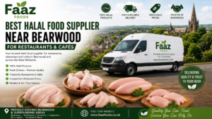 Faaz Foods halal wholesale supplier near Bearwood featuring fresh chicken products, delivery van, and food supply services for restaurants, cafés, and takeaways in the West Midlands.