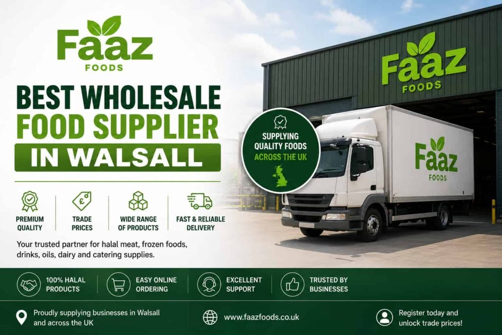 Faaz Foods wholesale warehouse and delivery truck supplying halal food, frozen foods and catering supplies to restaurants and businesses in Walsall, UK.