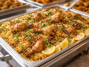 Large catering tray of chicken biryani cooked with premium 1121 Golden Sella Basmati Rice for restaurants and catering services