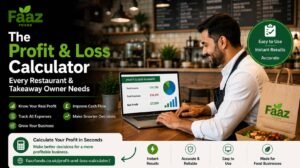 Restaurant owner using the Faaz Foods Profit & Loss Calculator on a laptop to track income, expenses, cash flow, and business profits in a café setting.