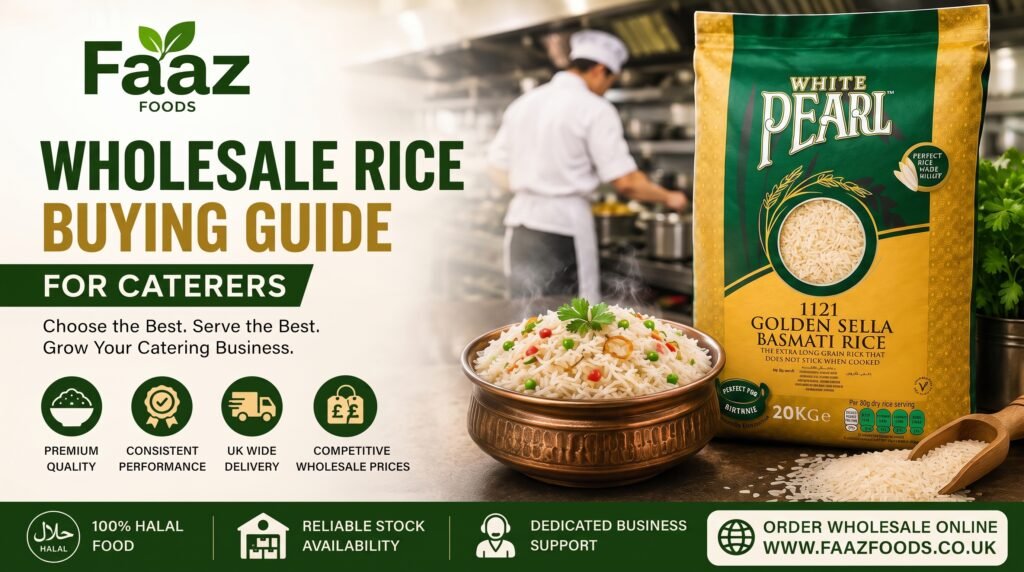 White Pearl 1121 Golden Sella Basmati Rice 20kg for wholesale caterers and restaurants supplied by Faaz Foods UK