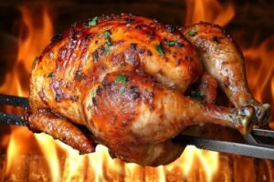 Grilled chicken with crispy golden skin roasting over an open flame
