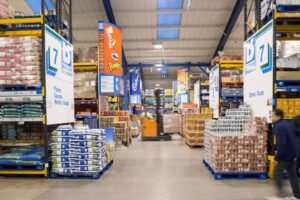 Wholesale food warehouse stocked with bulk food products and supplies