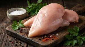 Fresh raw chicken breast fillets on a wooden board