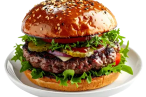 Gourmet beef burger with sesame bun, lettuce, tomato, pickles, onions and cheese