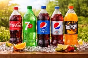 Wholesale 1.5 litre soft drinks featuring Coca-Cola, 7UP, Pepsi and Tango bottles displayed on ice with fresh fruit, ideal for UK takeaways, restaurants and catering businesses.