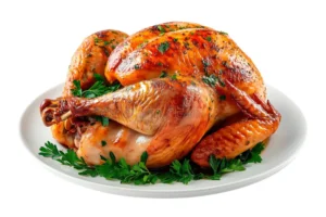Whole roasted chicken with golden crispy skin and fresh parsley