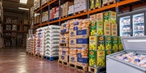 Wholesale food warehouse with burger buns, cooking oil, rice and frozen food supplies